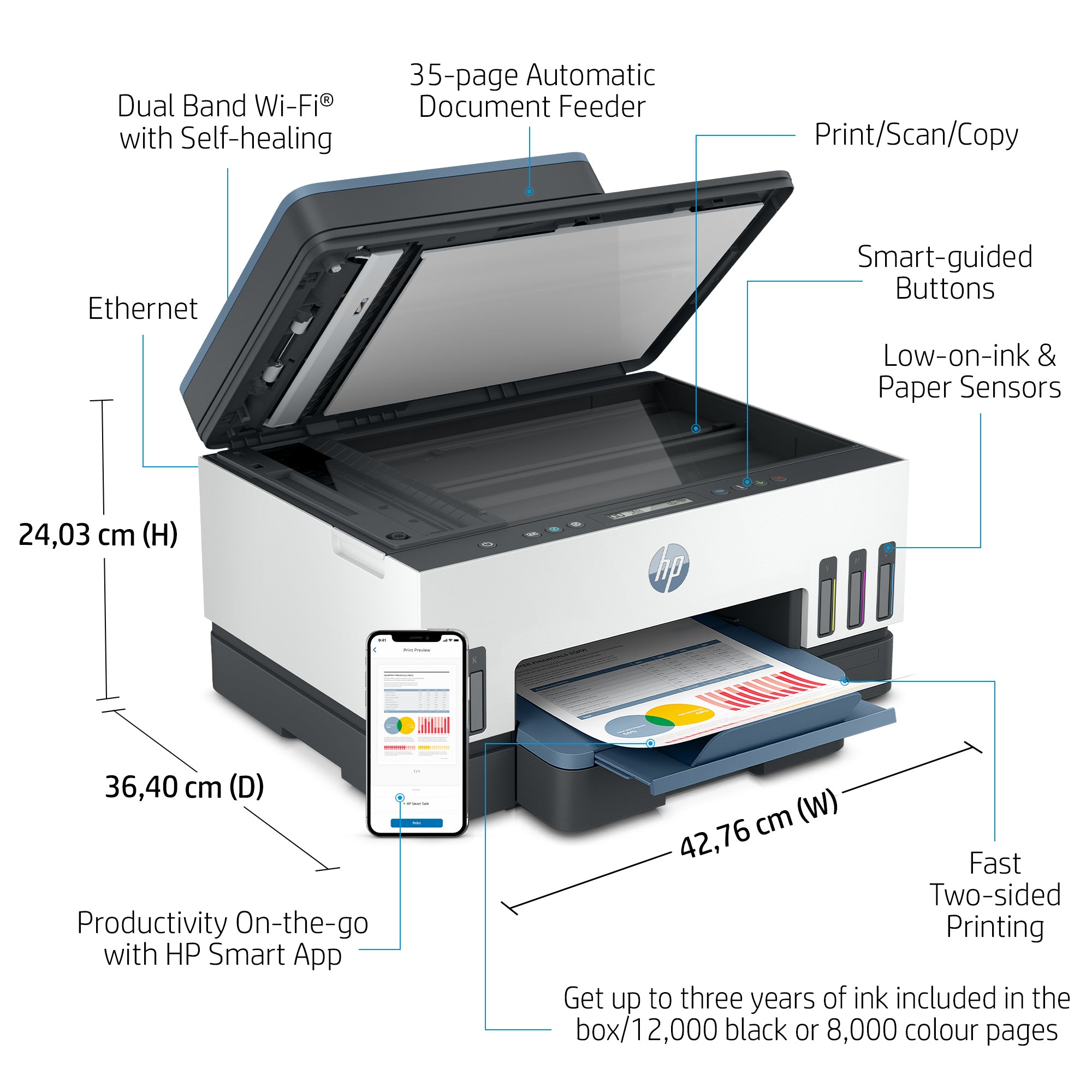 HP Smart Tank 7306 Wireless All-in-One Color Printer, Two-sided printing; Copier, Scanner 28B76A