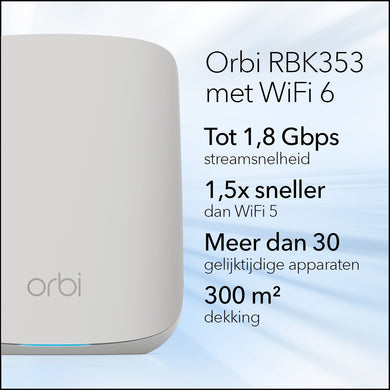 NETGEAR Orbi RBK353 AX1800 WiFi 6 Dual-band Mesh System Dual-band (2.4 GHz / 5 GHz) Wi-Fi 6 (802.11ax) White 7 Internal RBK353-100EUS