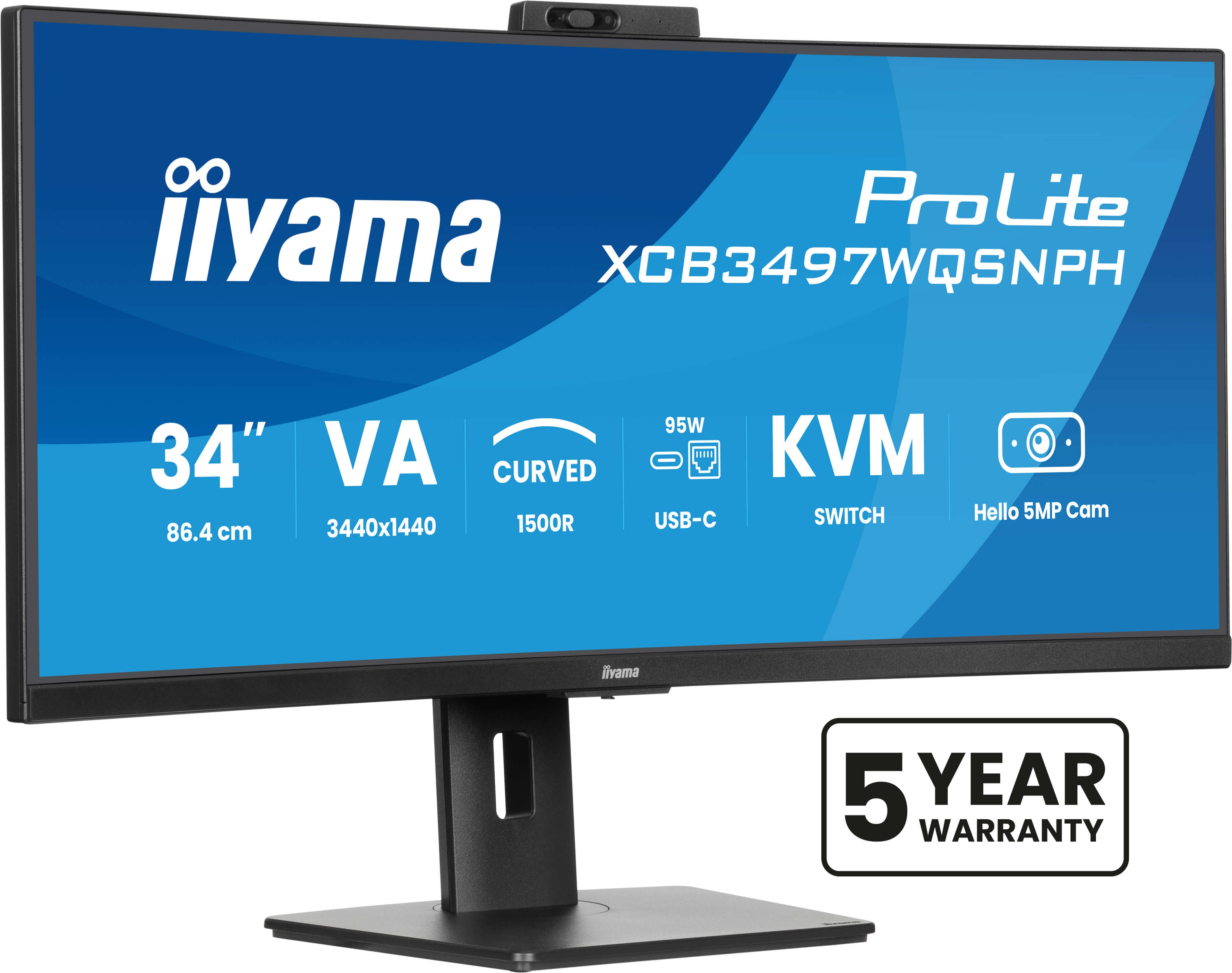 ProLite 34 inch Curved - UltraWide Quad HD VA LED Monitor - 3440x1440 - USB-C Dock - KVM Switch - Windows Hello Cam - HAS / RJ45 XCB3497WQSNPH-B1