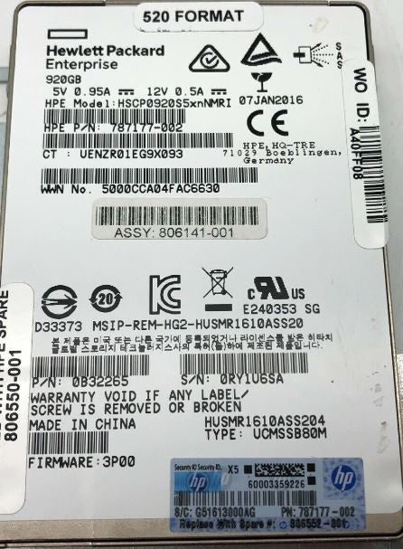 HPE SSD 920GB MLC SAS 6Gbps 2,5" STRV10000 806550-001